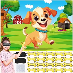 Pin The Bone on The Dog, Dog Stickers Party Games for Kids Boys Girls, with Posters, Reusable Stickers, and Eye Mask Accessories, Puppy Whelp Birthday Party Supplies
