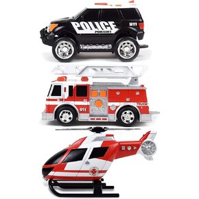 Sunny Days Entertainment Mini Rescue Vehicles 3 Pack – Lights and Sounds Pull Back Toy Vehicle with Friction Motor | Includes Police SUV Fire Truck and Helicopter – Maxx Action