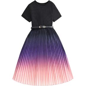 Hilinker Girls Short Sleeve Pleated Dress Summer Ribbed Crew Neck Dresses with Belt