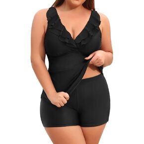 Women's Plus Size Tankini with Shorts Ruffled Two Piece Swimsuits Tummy Control Bathing Suits Deep V Neck Swimwear
