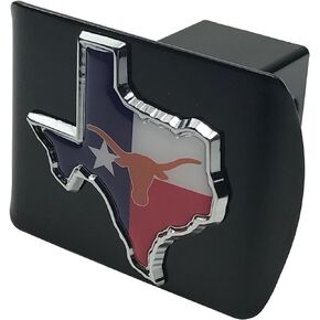 AMG University of Texas Longhorns METAL State Shaped emblem (with Texas flag colors) on black METAL Hitch Cover