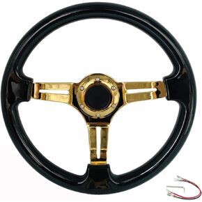 350mm Black Grip Racing Sport Steering Wheel Gold Spokes Universal Drifting ABS Wood Steering Wheel with Horn Button