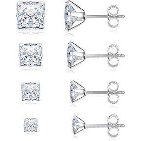 4 Pairs Cubic Zirconia Earrings Studs, Silver Stud Earrings Hypoallergenic Men Earrings Stud Princess Cut Square Earrings for Women Girls Stainless Steel Cartilage Piercing White Gold Earrings Set Men Jewelry