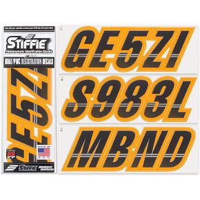 STIFFIE Techtron Black/Orange Crush Super Sticky 3" Alpha Numeric Registration Identification Numbers Stickers Decals for Sea-Doo Spark, Inflatable Boats, Ribs, Hypalon/PVC, PWC and Boats.