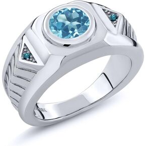 Gem Stone King Men's 925 Sterling Silver Round Swiss Blue Topaz and Blue Diamond Ring (2.23 Cttw, Gemstone Birthstone, Available In Size 7, 8, 9, 10, 11, 12, 13)