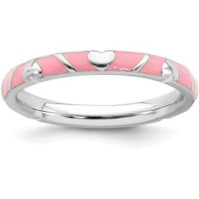 Solid 925 Sterling Silver Stackable Pink Enamel Heart Ring Eternity Band