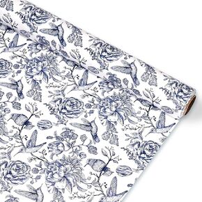 1 Roll Blue Floral Bird Wrapping Paper Mini Roll - 17in x 32.8Ft Blue Flowers Bird Gift Wrap Paper for Mother's Day Birthday Wedding Baby Shower Party Wrapping Supplies