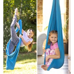 Hearthsong 5-Foot Stretchy Loop Sensory Swing, 5.2’L x 5’W, Blue Spandex, Adjustable Extension Strap, Holds Up to 125 lbs in Kuwait
