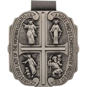 Four Way Catholic Visor Clip Pewter, St Christopher, Miraculous Medal