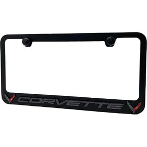 C8 Corvette License Plate Frame - Black with C8 Crossed Flags Logo for 2020-2024 Stingray, Z51, Z06, E-Ray Corvettes