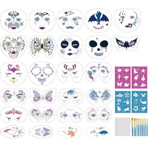 45 Pieces Face Paint Stencils Kit, 26 Reusable Face Painting Stencils with 4 Stickers 10 Painting Brushes, Face Body Painting Stencils for Kids Adult Halloween Party Makeup