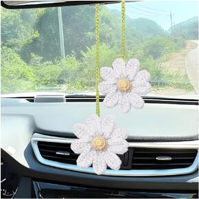 Crochet Daisy Rear View Mirror Hanging, Automotive Stuff Charm Ornament Pendant Knitted Cute Car Accessories, Interior Decoration Aesthetic Handmade for Women Girls, Universal Fit（Pink）