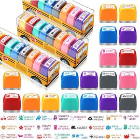 24 Pcs Teacher Stamps for Classroom with Storage Box Self Inking Stamp for Teachers Elementary Colorful Motivational Encouraging Stamp Teacher First Day of School Back to School Gift Supplies