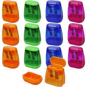 12 Pcs Double Hole Pencil Sharpeners, Manual Pencil Sharpeners with Lid, Colored Portable Pencil Sharpener for Kids & Adults School Class Office (Blue, Green, Orange, Rose)