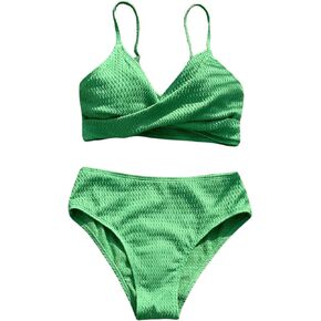 SweatyRocks Girl's 2 Piece Bathing Suits V Neck Spaghetti Straps Wrap Around Bikini High Waisted Wireless Swimsuit