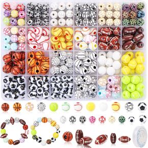 400 Pcs Sports Ball Beads for Jewelry Making, Acrylic Sports Beads Bulk, Baseball Basketball Soccer Volleyball Softball Football Beads with Box, Sports Spacer Beads for DIY Crafts Key Chains Bracelet