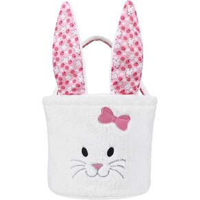 Easter Eggs Basket, Fluffy Bunny Baskets Cute Plush Rabit Basket with Foldable Bunny Ears, Easter Egg Hunts Easter Theme Party Supplies for Boys Girls (Pink)