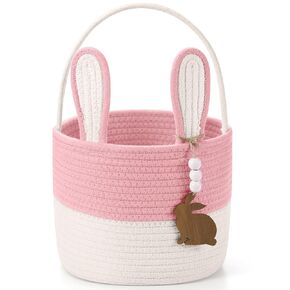 Easter Baskets Easter Bunny Basket with Name Tag Rabbit Ear Basket Rustic Woven Round Blanket Storage for Kid Candy Gift Baby Shower Wedding Party Decoration Supplies(Gray)