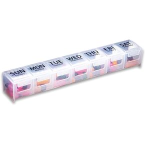 GMS Weekly Pill Organizer - 7-Day Labeled Compartment Pill Case for Supplements, Vitamins and Medication - Secure Latches - Ideal for Daily Use & Travel - Clear