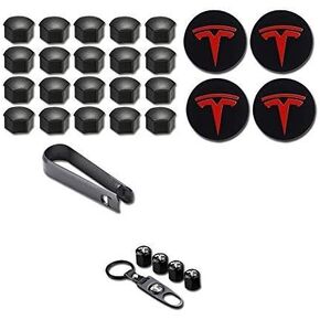 Exterior Decoration 4 Wheel Center Caps and 20 Lug Nut Covers & Air Cap Covers Compatible with Tesla Model X S 3 Y (Black with Red T Logo Cap)