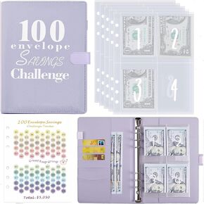 100 Envelope Challenge Binder,Savings Challenge Book - Easy & Fun Way to Save $5,050 Challenge Book Savings Challenges Budget Book Binder with Cash Envelopes for Office,Home,School (Black)