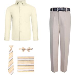 S.H. Churchill & Co. Boy's 6 Piece Banana Dress Shirt and Khaki Comfort Waist Dress Pants Set - Includes Long Tie, Bow Tie, Hanky, and Belt – Size 6