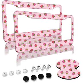 Cute Strawberry License Plate Frames 2 Pack 2 Holes Aluminum License Plate Cover with 2 Pcs Car Coasters and Screw and Black Screw Caps for Girl Women Men Gifts