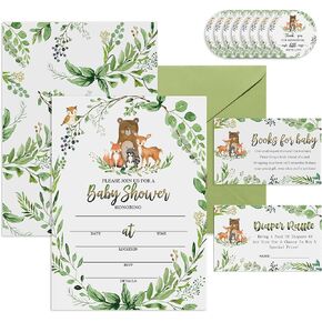 25 Woodland Baby Shower Invitations with Envelopes，Woodland Diaper Raffle Tickets & Book Request Cards, Woodland Animal Stickers, thank you for showering our little one with love