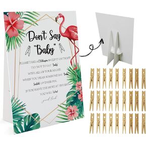 Floral Flamingo Don't Say Baby Game (1 Sign And 50 Mini Natural Clothespins）Don't Say Baby Baby Shower Game, Baby Shower Decorations, Baby Shower Games Gender Neutral, Tropical Baby Shower Game (DS16)