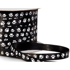 Single Faced Satin Paw Print Ribbon 1/4" Black with White Paw Print - 50 Yard Roll