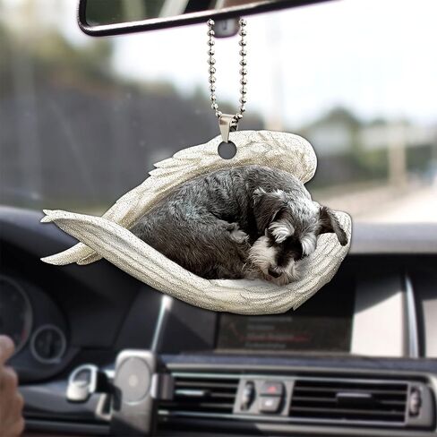 Talataca Miniature Schnauzer Sleeping Angel Wing Memorial Dog 2D Flat Car Rear View Mirror Accessories Christmas Tree Ornament Decoration Hanging Charm Interior Rearview Pendant Decor Gift in Saudi Arabia