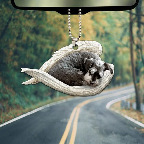 Talataca Miniature Schnauzer Sleeping Angel Wing Memorial Dog 2D Flat Car Rear View Mirror Accessories Christmas Tree Ornament Decoration Hanging Charm Interior Rearview Pendant Decor Gift in Saudi Arabia