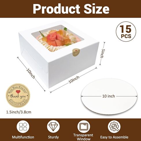 15 مجموعة من صناديق الكيك (15 صندوقًا و15 لوحًا)، صناديق مخبز مقاس 10 × 10 × 5 بوصات مع نافذة شفافة مربعة الشكل بيضاء صناديق مخبز مع ألواح كيك للكيك والكب كيك والفطيرة والحلوى والمعجنات in Kuwait