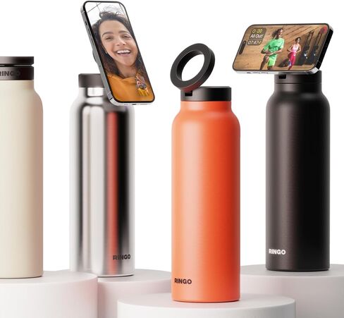 Ringo Insulated Water Bottle - Compatible MagSafe Water Bottle With Phone Holder - Stainless Steel Water Bottle With Magnetic Phone Tripod Mount - Hot 12H, Cold 24H, 360° Rotate - Black 24oz in Saudi Arabia