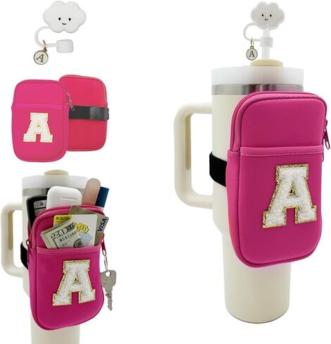 Water Bottle Pouch with Chenille Patches Letter for Stanley Tumblers - Neoprene Water Bottle Holder, Straw Cover for Stanley Cup Accessories (S) in Saudi Arabia