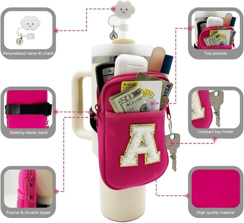 Water Bottle Pouch with Chenille Patches Letter for Stanley Tumblers - Neoprene Water Bottle Holder, Straw Cover for Stanley Cup Accessories (S) in Saudi Arabia