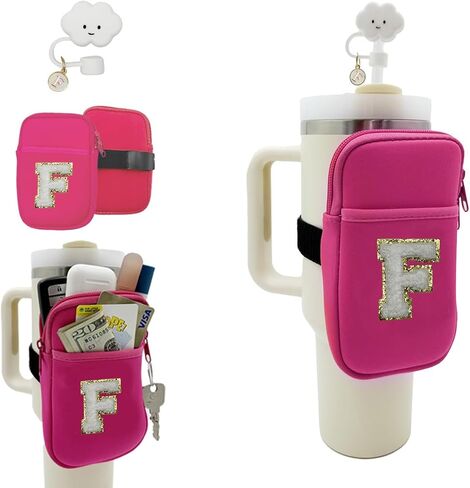 Water Bottle Pouch with Chenille Patches Letter for Stanley Tumblers - Neoprene Water Bottle Holder, Straw Cover for Stanley Cup Accessories (S) in Saudi Arabia