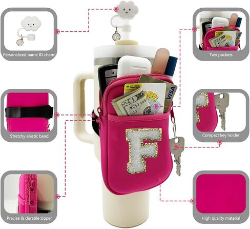 Water Bottle Pouch with Chenille Patches Letter for Stanley Tumblers - Neoprene Water Bottle Holder, Straw Cover for Stanley Cup Accessories (S) in Saudi Arabia