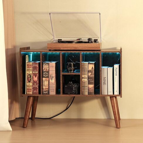 حامل مشغل تسجيل مع ضوء LED - حامل قرص دوار كبير مع تخزين تسجيلات الفينيل، طاولة مشغل تسجيل تصل إلى 120 ألبوم، حامل تسجيل مع منفذ (بني) in Kuwait