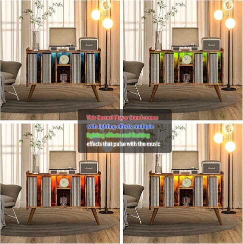 حامل مشغل تسجيل مع ضوء LED - حامل قرص دوار كبير مع تخزين تسجيلات الفينيل، طاولة مشغل تسجيل تصل إلى 120 ألبوم، حامل تسجيل مع منفذ (بني) in Kuwait