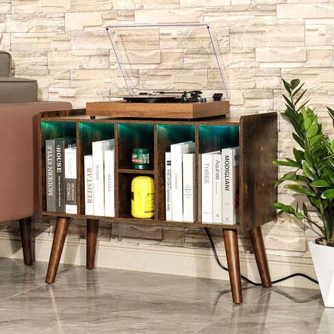 حامل مشغل تسجيل مع ضوء LED - حامل قرص دوار كبير مع تخزين تسجيلات الفينيل، طاولة مشغل تسجيل تصل إلى 120 ألبوم، حامل تسجيل مع منفذ (بني) in Kuwait