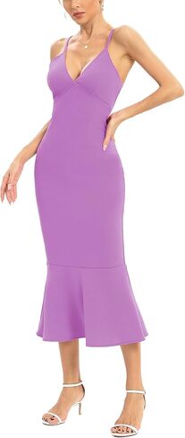 JLCNCUE Women's Spaghetti Straps V Neck Bodycon Mermaid Dress Elegant Ruffles Midi Dress Cocktail Evening Party Dress 325 in Saudi Arabia