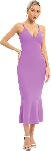 JLCNCUE Women's Spaghetti Straps V Neck Bodycon Mermaid Dress Elegant Ruffles Midi Dress Cocktail Evening Party Dress 325 in Saudi Arabia