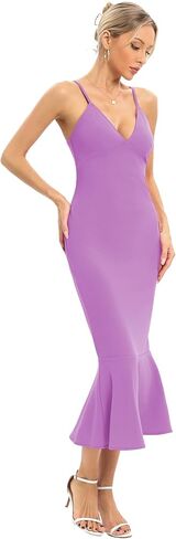 JLCNCUE Women's Spaghetti Straps V Neck Bodycon Mermaid Dress Elegant Ruffles Midi Dress Cocktail Evening Party Dress 325 in Saudi Arabia
