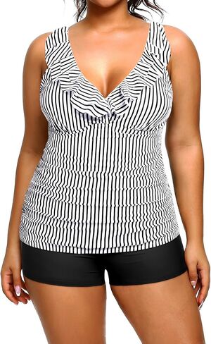 Women's Plus Size Tankini with Shorts Ruffled Two Piece Swimsuits Tummy Control Bathing Suits Deep V Neck Swimwear in Kuwait