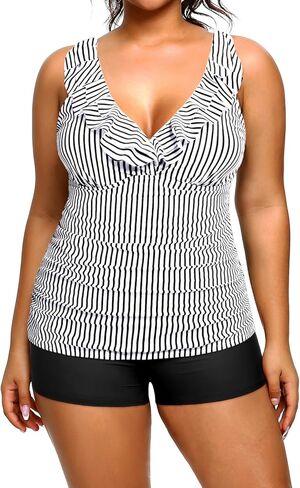Women's Plus Size Tankini with Shorts Ruffled Two Piece Swimsuits Tummy Control Bathing Suits Deep V Neck Swimwear in Kuwait