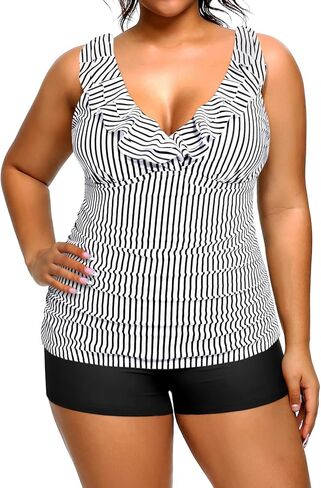Women's Plus Size Tankini with Shorts Ruffled Two Piece Swimsuits Tummy Control Bathing Suits Deep V Neck Swimwear in Kuwait
