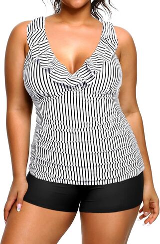 Women's Plus Size Tankini with Shorts Ruffled Two Piece Swimsuits Tummy Control Bathing Suits Deep V Neck Swimwear in Kuwait