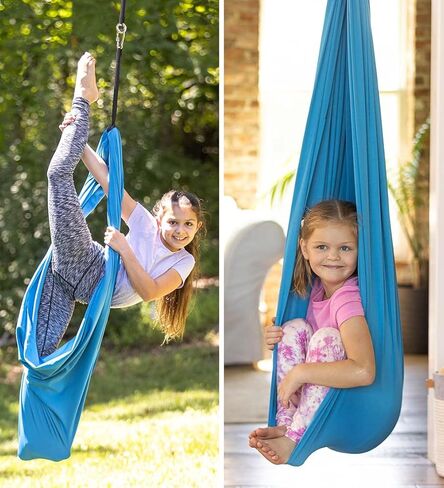 Hearthsong 5-Foot Stretchy Loop Sensory Swing, 5.2’L x 5’W, Blue Spandex, Adjustable Extension Strap, Holds Up to 125 lbs in Kuwait