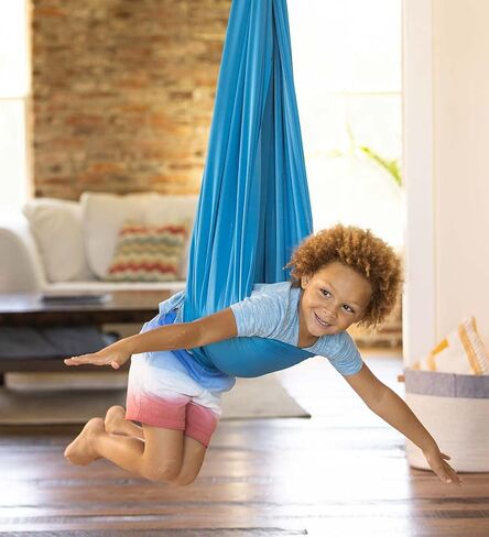 Hearthsong 5-Foot Stretchy Loop Sensory Swing, 5.2’L x 5’W, Blue Spandex, Adjustable Extension Strap, Holds Up to 125 lbs in Kuwait